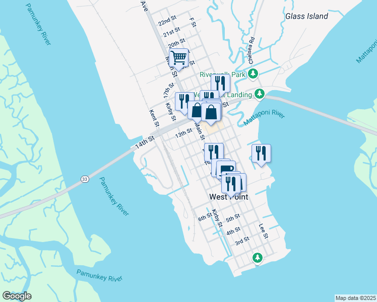 map of restaurants, bars, coffee shops, grocery stores, and more near 1121 Kirby Street in West Point