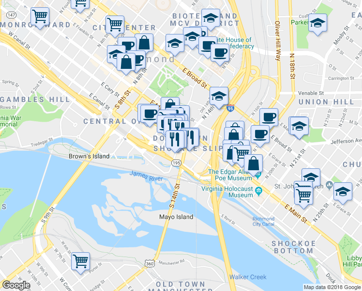 map of restaurants, bars, coffee shops, grocery stores, and more near 1327 East Cary Street in Richmond