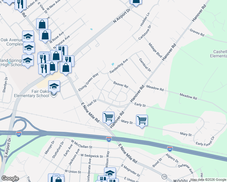 map of restaurants, bars, coffee shops, grocery stores, and more near 409 Roxana Road in Highland Springs