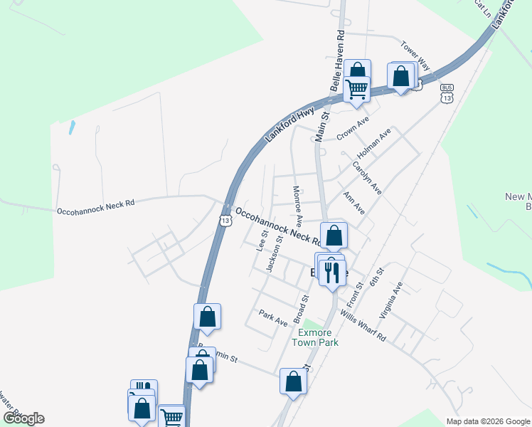 map of restaurants, bars, coffee shops, grocery stores, and more near 11525 Occohannock Neck Road in Exmore