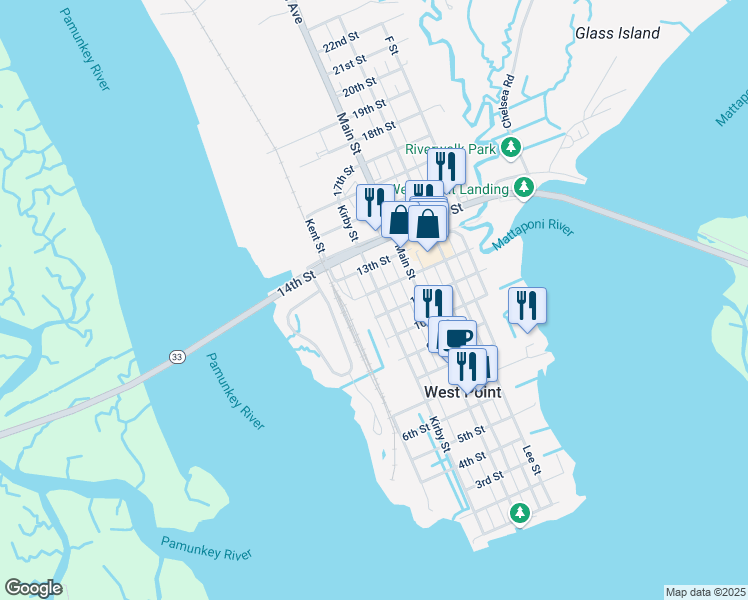 map of restaurants, bars, coffee shops, grocery stores, and more near 1121 Kirby St in West Point