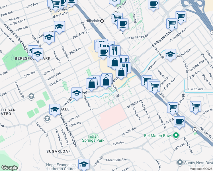 map of restaurants, bars, coffee shops, grocery stores, and more near 110 West Hillsdale Boulevard in San Mateo