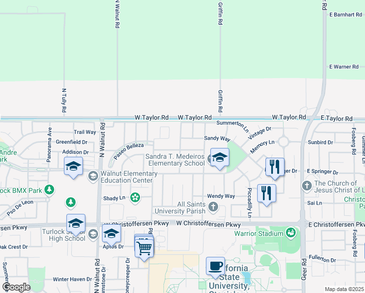 map of restaurants, bars, coffee shops, grocery stores, and more near 991 Ashford Drive in Turlock