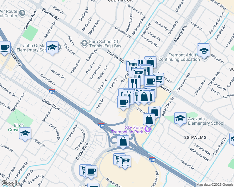 map of restaurants, bars, coffee shops, grocery stores, and more near 5238 Brophy Drive in Fremont