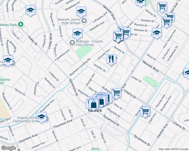 map of restaurants, bars, coffee shops, grocery stores, and more near 6620 George Avenue in Newark