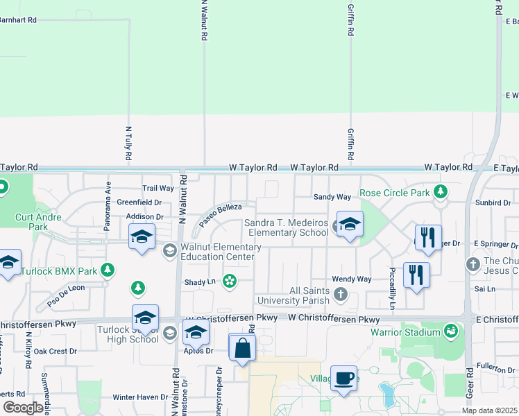 map of restaurants, bars, coffee shops, grocery stores, and more near 1212 Paseo Belleza in Turlock