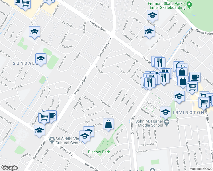 map of restaurants, bars, coffee shops, grocery stores, and more near 40256 Bonica Rose Terrace in Fremont