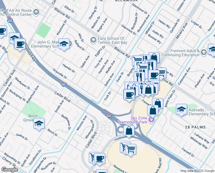map of restaurants, bars, coffee shops, grocery stores, and more near 38709 Farwell Drive in Fremont