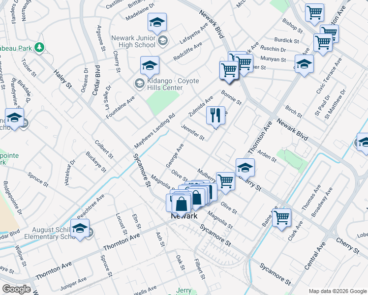 map of restaurants, bars, coffee shops, grocery stores, and more near 6620 George Avenue in Newark