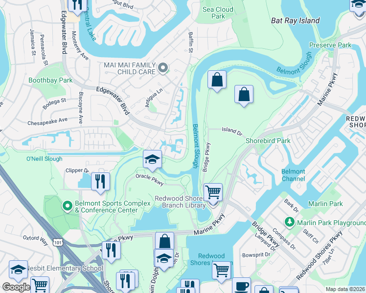 map of restaurants, bars, coffee shops, grocery stores, and more near 466 Transom Lane in Foster City