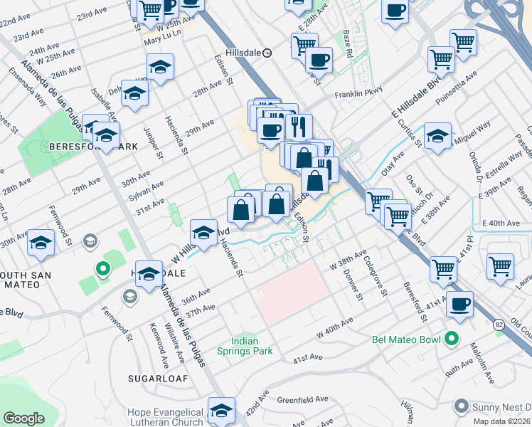 map of restaurants, bars, coffee shops, grocery stores, and more near 110 West Hillsdale Boulevard in San Mateo