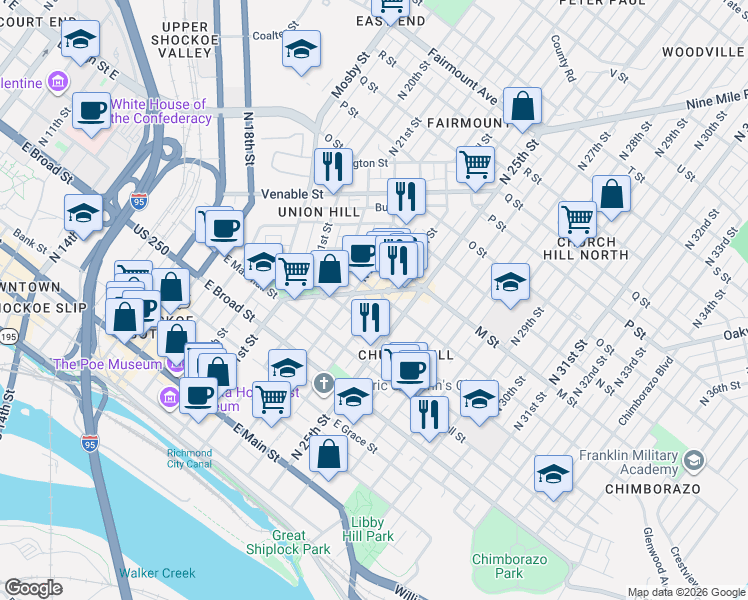 map of restaurants, bars, coffee shops, grocery stores, and more near 508 North 24th Street in Richmond
