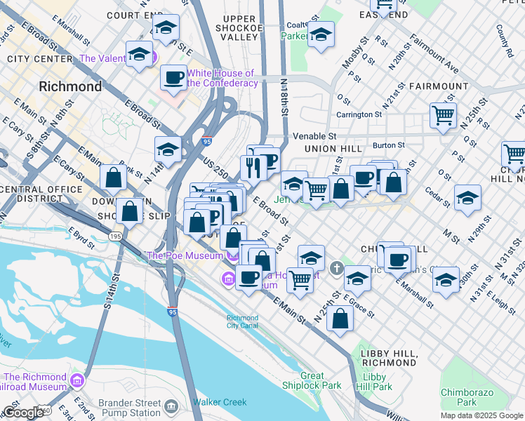 map of restaurants, bars, coffee shops, grocery stores, and more near 1805 East Broad Street in Richmond
