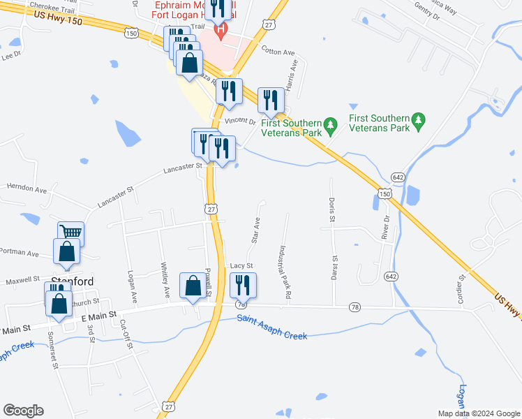 map of restaurants, bars, coffee shops, grocery stores, and more near 120 Star Avenue in Stanford