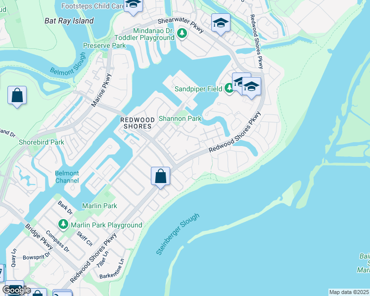 map of restaurants, bars, coffee shops, grocery stores, and more near 590 Avocet Drive in Redwood City