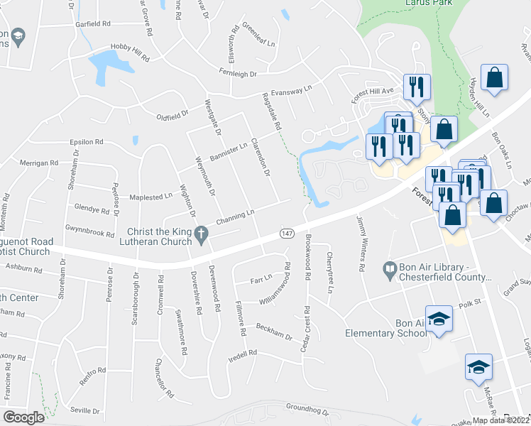 map of restaurants, bars, coffee shops, grocery stores, and more near 9519 Channing Lane in Richmond