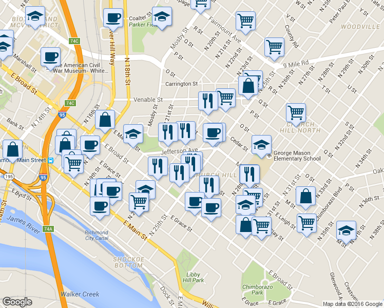 map of restaurants, bars, coffee shops, grocery stores, and more near 508 North 24th Street in Richmond