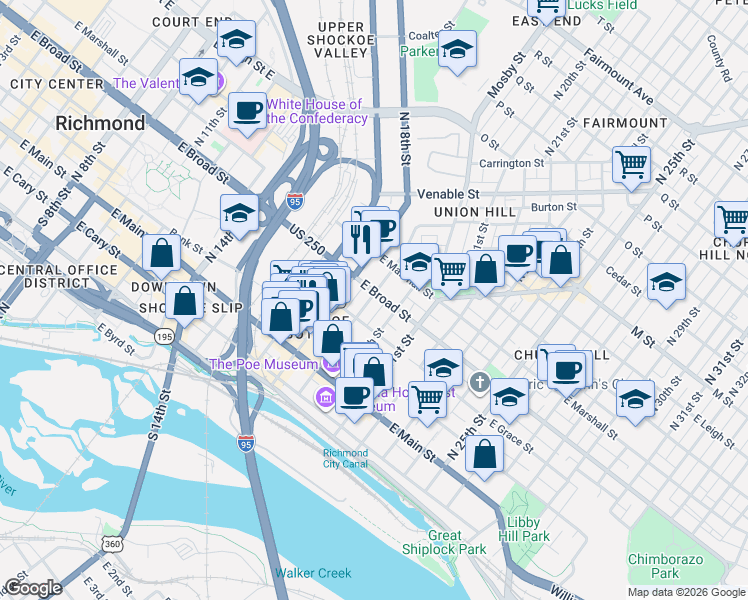 map of restaurants, bars, coffee shops, grocery stores, and more near 1805 East Broad Street in Richmond