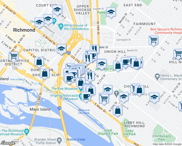 map of restaurants, bars, coffee shops, grocery stores, and more near 219 North 19th Street in Richmond