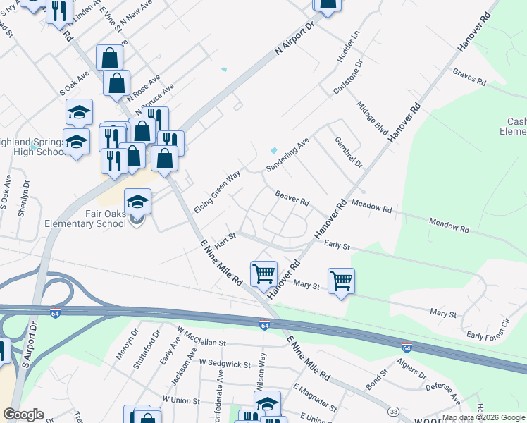 map of restaurants, bars, coffee shops, grocery stores, and more near 1817 Regal Drive in Highland Springs