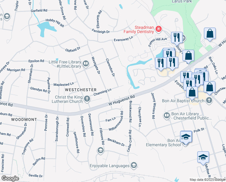 map of restaurants, bars, coffee shops, grocery stores, and more near 9519 Channing Lane in Richmond