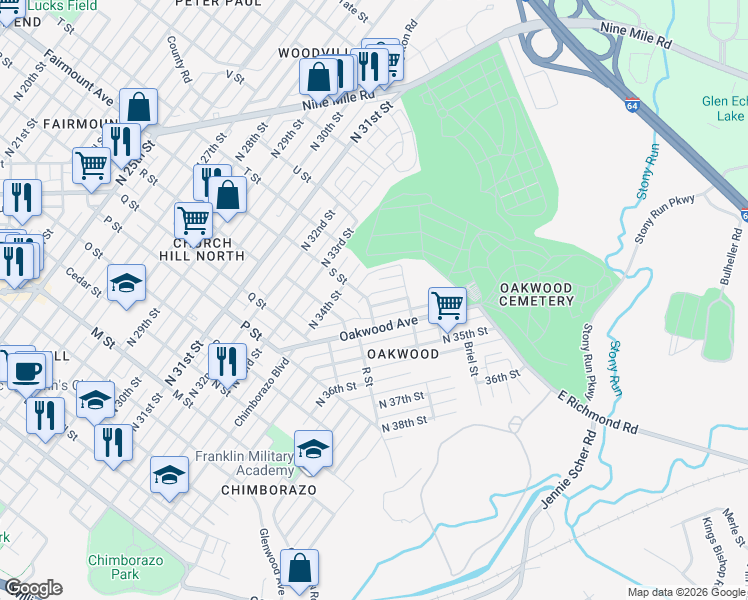 map of restaurants, bars, coffee shops, grocery stores, and more near 3439 S Street in Richmond