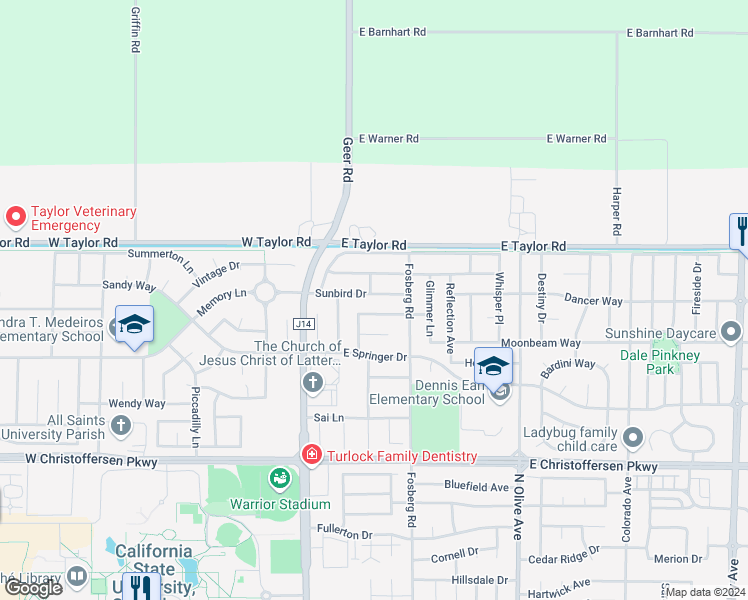 map of restaurants, bars, coffee shops, grocery stores, and more near 300 Sunbird Drive in Turlock