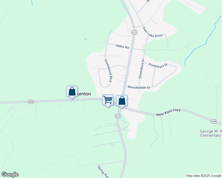 map of restaurants, bars, coffee shops, grocery stores, and more near 8857 Greenwood Blvd in New Kent