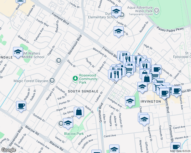 map of restaurants, bars, coffee shops, grocery stores, and more near 4309 Millard Avenue in Fremont