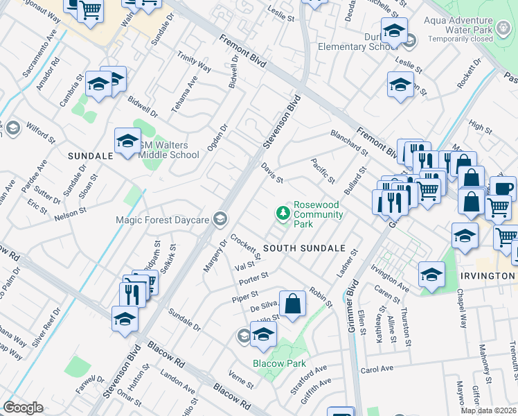 map of restaurants, bars, coffee shops, grocery stores, and more near 40144 Margery Court in Fremont