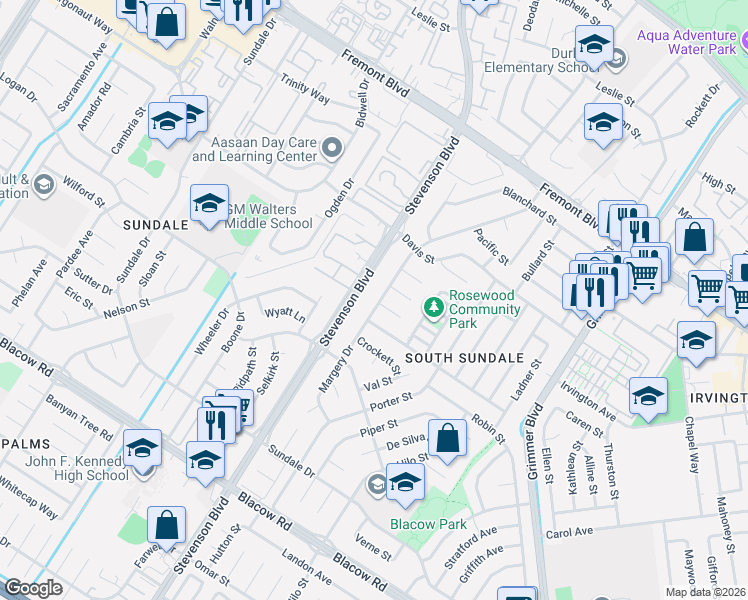 map of restaurants, bars, coffee shops, grocery stores, and more near 4455 Margery Drive in Fremont