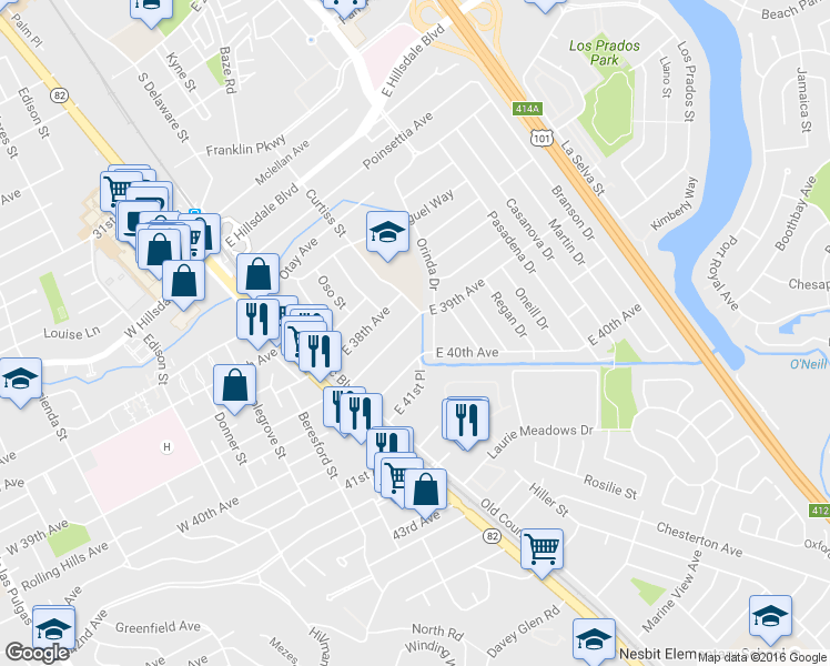 map of restaurants, bars, coffee shops, grocery stores, and more near 3926 Orinda Drive in San Mateo