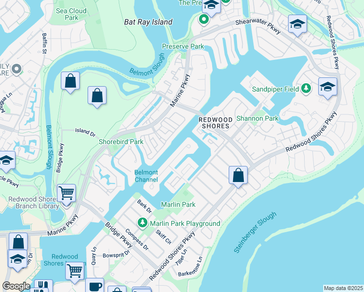 map of restaurants, bars, coffee shops, grocery stores, and more near 631 Marlin Court in Redwood City