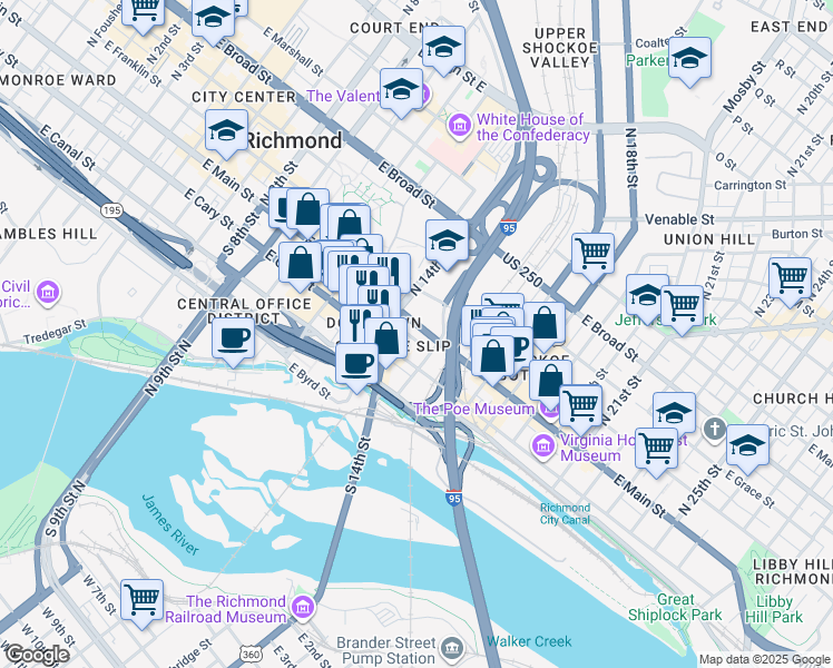 map of restaurants, bars, coffee shops, grocery stores, and more near 1422 East Cary Street in Richmond