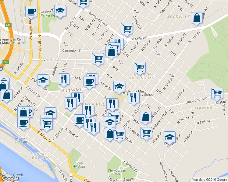map of restaurants, bars, coffee shops, grocery stores, and more near 801 North 27th Street in Richmond