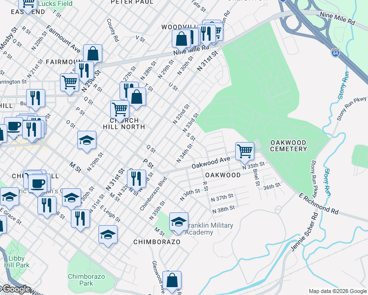 map of restaurants, bars, coffee shops, grocery stores, and more near 3400 R Street in Richmond