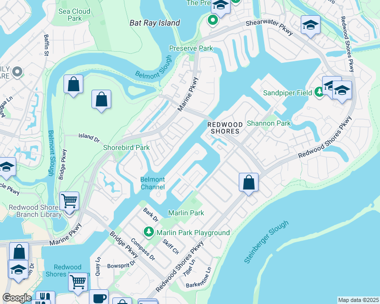 map of restaurants, bars, coffee shops, grocery stores, and more near 631 Marlin Court in Redwood City