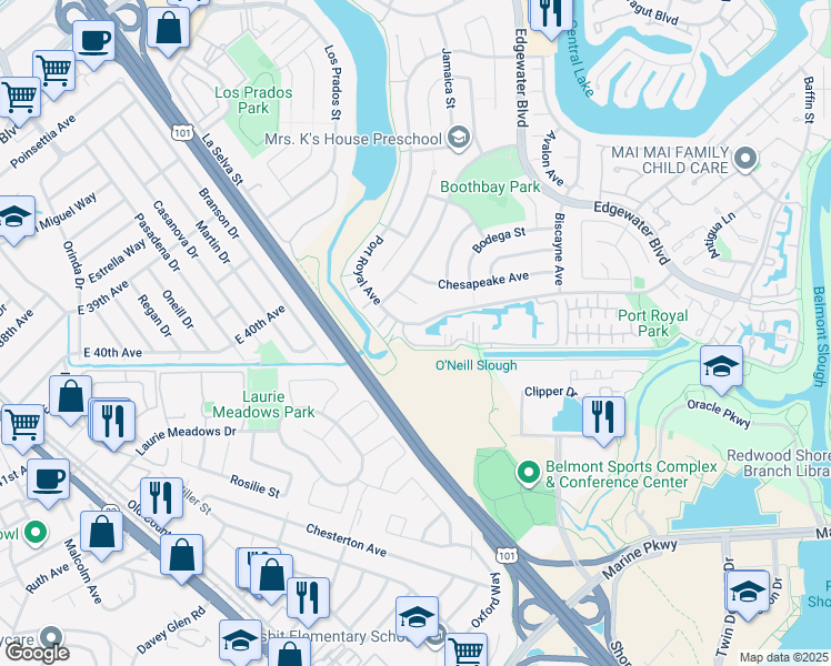 map of restaurants, bars, coffee shops, grocery stores, and more near 244 Rock Harbor Lane in Foster City