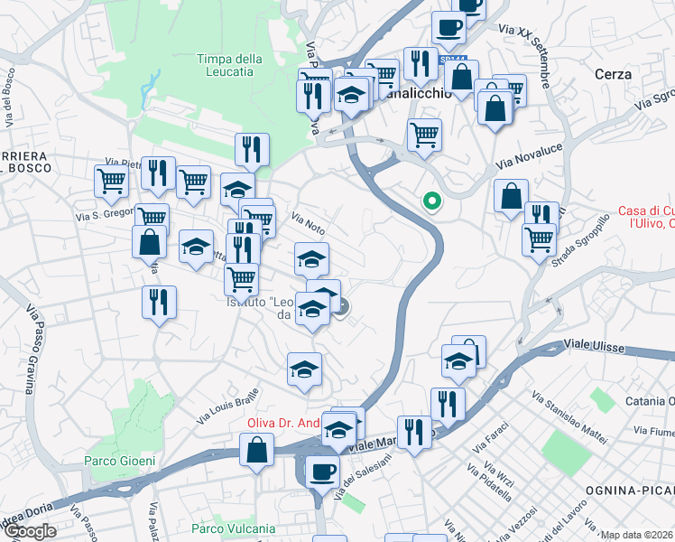 map of restaurants, bars, coffee shops, grocery stores, and more near 62 Via G. Arimondi in Catania