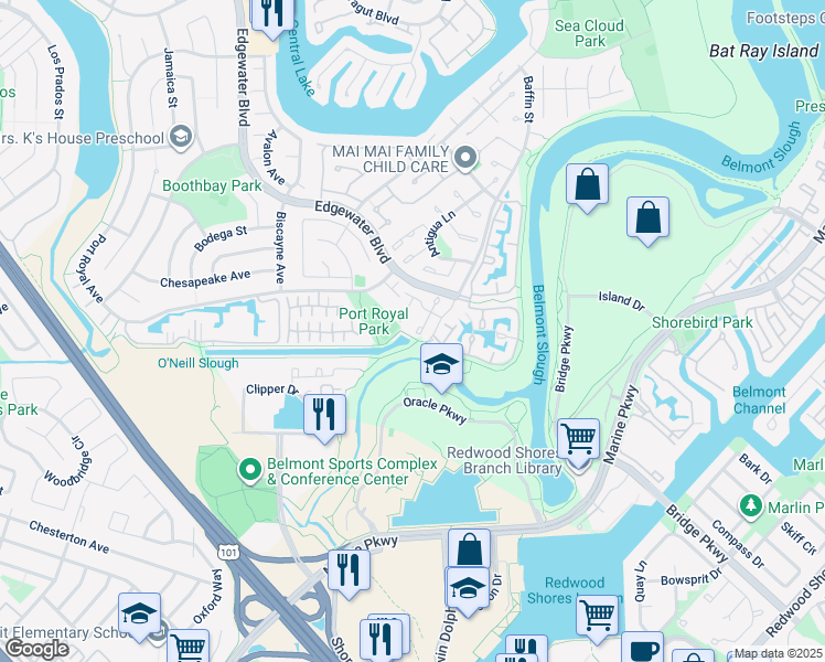 map of restaurants, bars, coffee shops, grocery stores, and more near 32 Binnacle Lane in Foster City