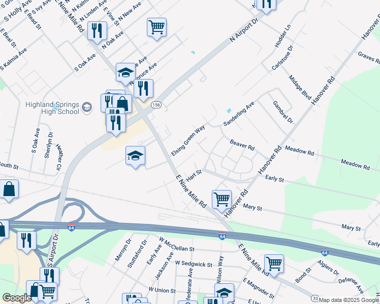 map of restaurants, bars, coffee shops, grocery stores, and more near 134 Hitchcock Avenue in Henrico