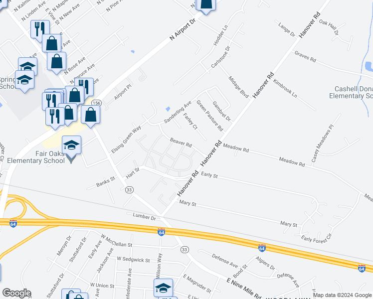 map of restaurants, bars, coffee shops, grocery stores, and more near 430 Roxana Road in Highland Springs