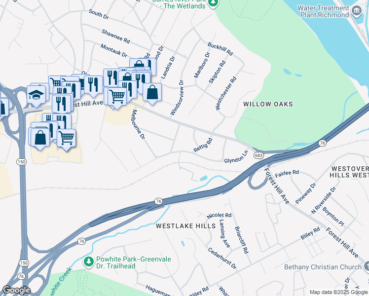map of restaurants, bars, coffee shops, grocery stores, and more near 6416 Glyndon Lane in Richmond