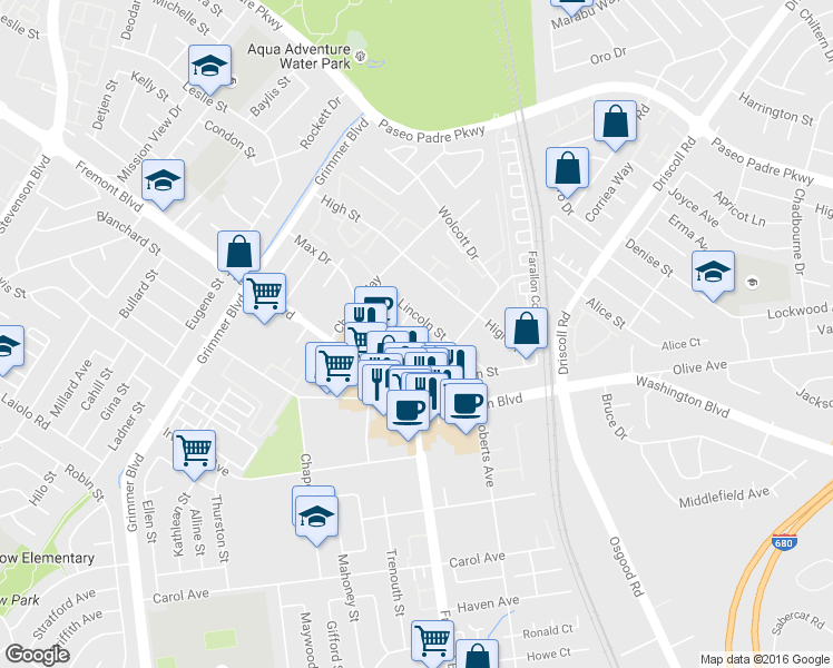 map of restaurants, bars, coffee shops, grocery stores, and more near 3862 Almond Avenue in Fremont