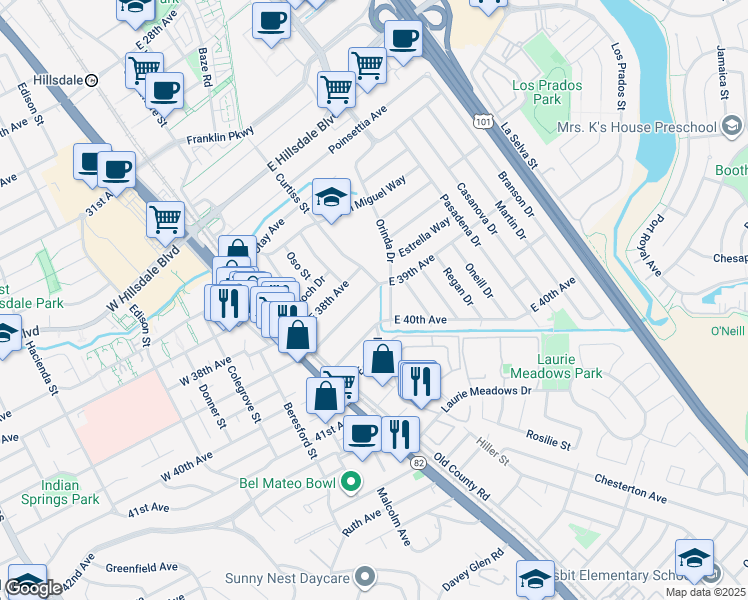 map of restaurants, bars, coffee shops, grocery stores, and more near 3926 Orinda Drive in San Mateo