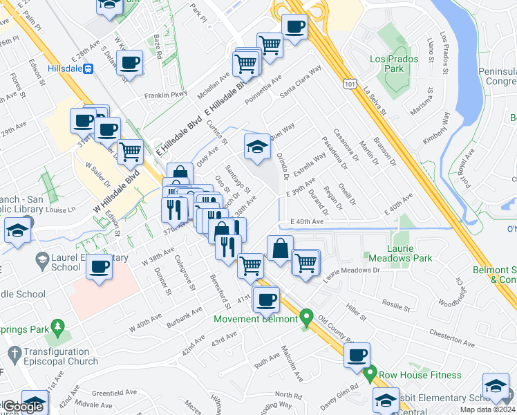 map of restaurants, bars, coffee shops, grocery stores, and more near 67 East 39th Avenue in San Mateo