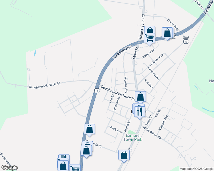 map of restaurants, bars, coffee shops, grocery stores, and more near 11492 Virginia 183 in Exmore