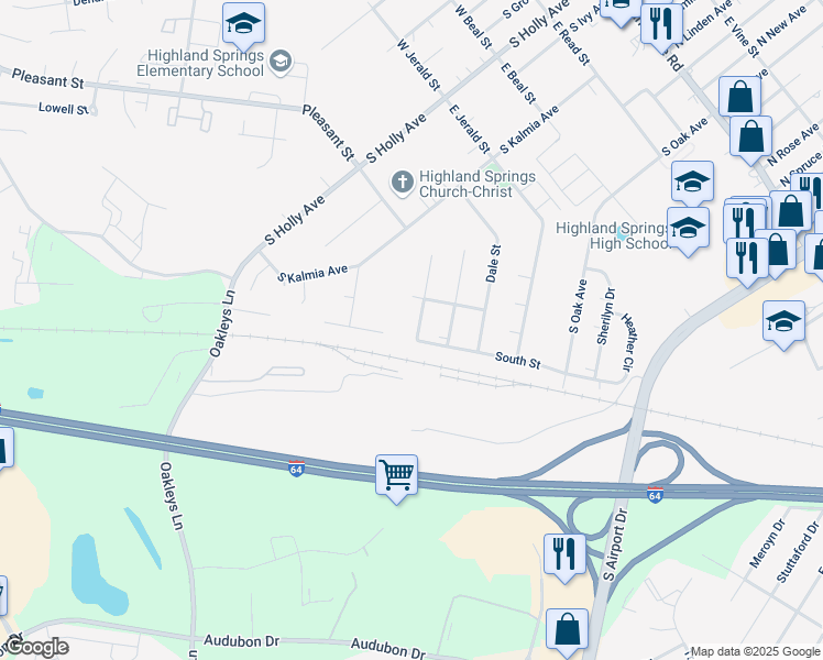 map of restaurants, bars, coffee shops, grocery stores, and more near 608 Luther Road in Highland Springs