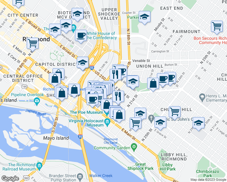 map of restaurants, bars, coffee shops, grocery stores, and more near 1800 East Grace Street in Richmond