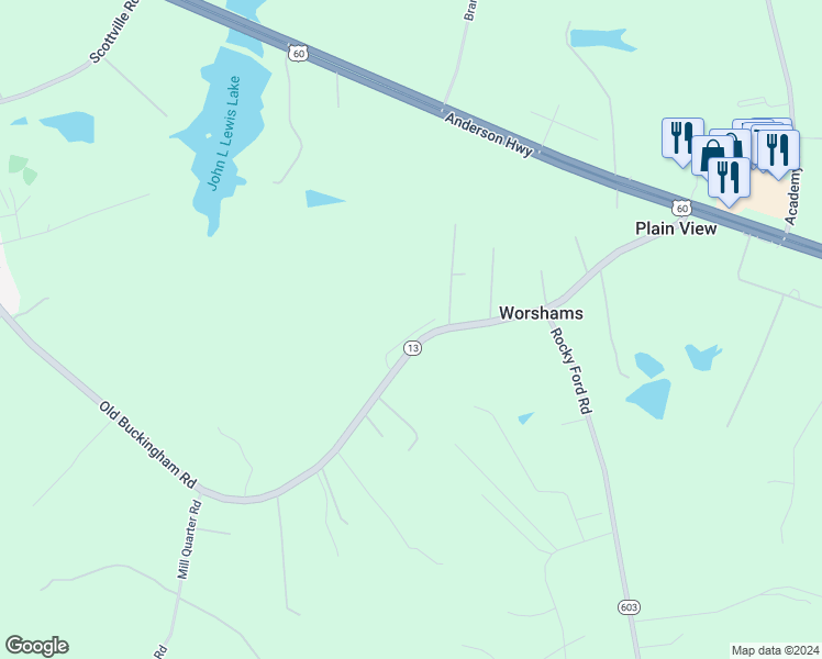 map of restaurants, bars, coffee shops, grocery stores, and more near 3609 Old Buckingham Road in Powhatan
